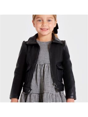 Size 7 Girls Mayoral Black Leather Jacket with Classic Collar